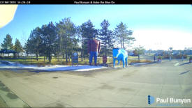 View of Paul Bunyan and Babe the Blue Ox with Lake Bemidji in the background